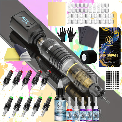 POSEIDON Kit Completo per Tatuaggio Rotativo con Display Digitale e Batteria da 1200mAh - Pistola per Tatuaggio Senza Fili con 10 Aghi e Cartucce, Kit Completo per Tatuaggio con 6 Colori di Inchiostri, Accessori per Tatuaggio per Principianti