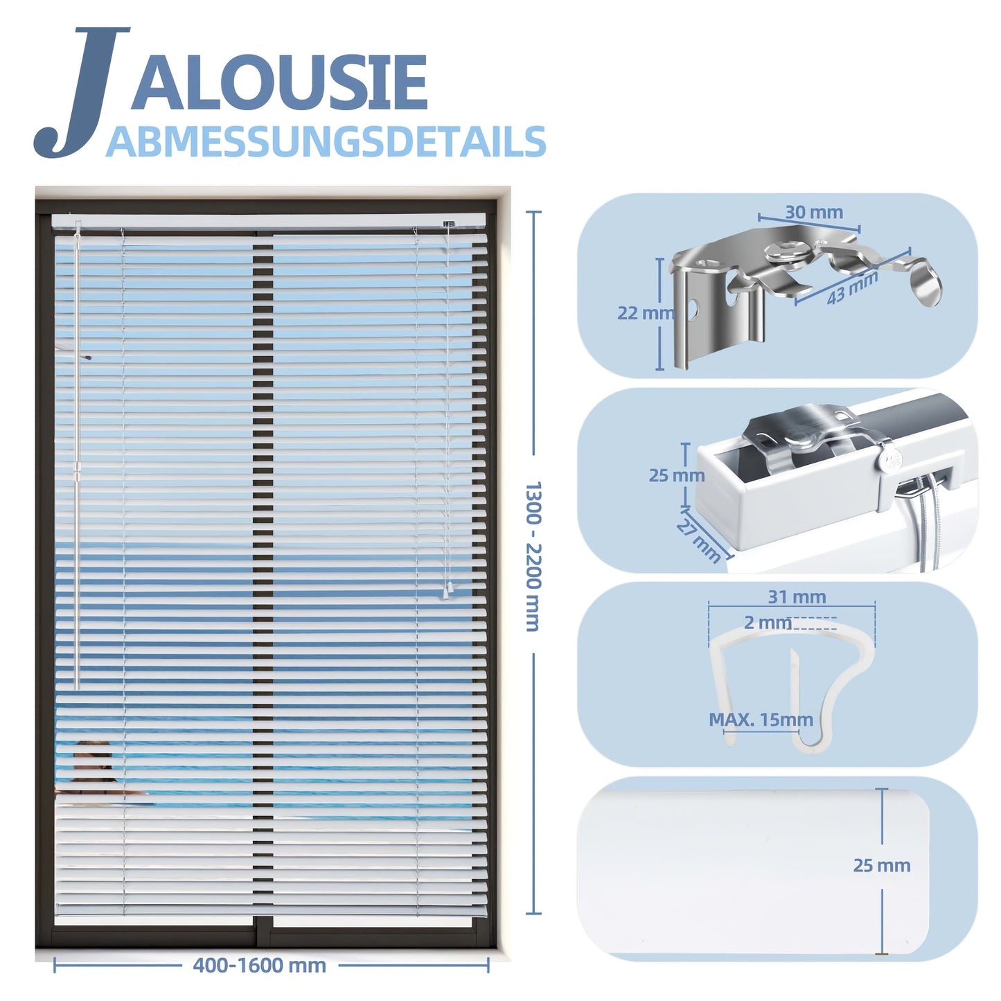 Tenda veneziana Sekey Klemmfix per finestre, a sospensione libera, stecche in alluminio da 25 mm, con foratura, include materiale di montaggio, tenda veneziana in alluminio, senza foratura