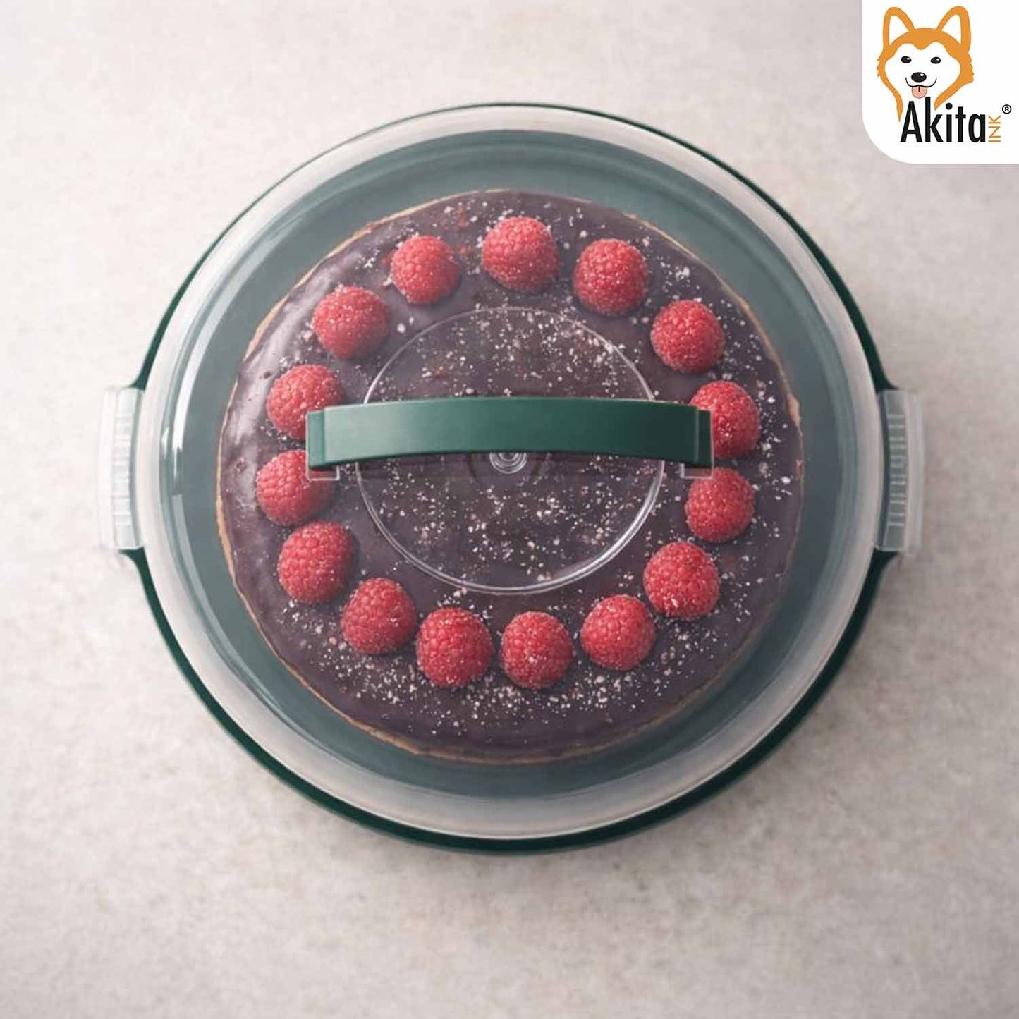Porta Torta con Coperchio e Manico 28 cm - Campana Trasparente con 3 Chiusure di Sicurezza, Base Verde con Scomparti Portamuffin, H 15