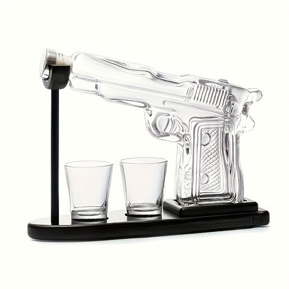 Set, caraffa da whisky da 230 ml/7.78 oz e due bicchieri da vino rosso da 50 ml/1.69 oz con base in legno, set pistola per whisky e vino, combinazione di caraffe in vetro, shaker da cocktail originale, regalo per fidanzato, papà o fratello