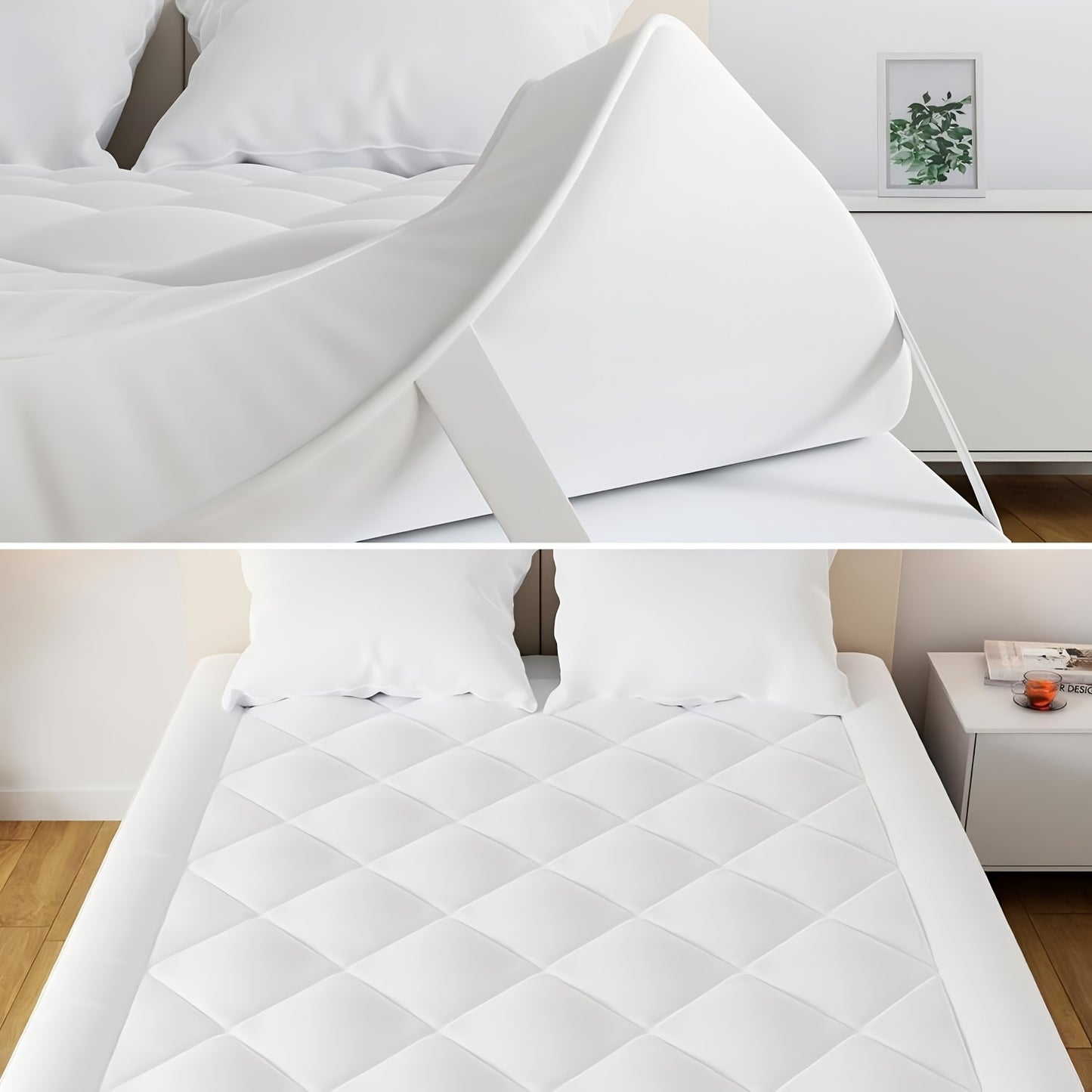 Coprimaterasso Sottile di Lusso con Fascie Elastiche agli Angoli, Tessuto Traspirante, Imbottitura in Poliestere 1000GSM, Comodo e Caldo, Lavabile in Lavatrice, Bianco, Design Trapuntato a Quadri Diamantati, Misura Matrimoniale, Design a Scatola