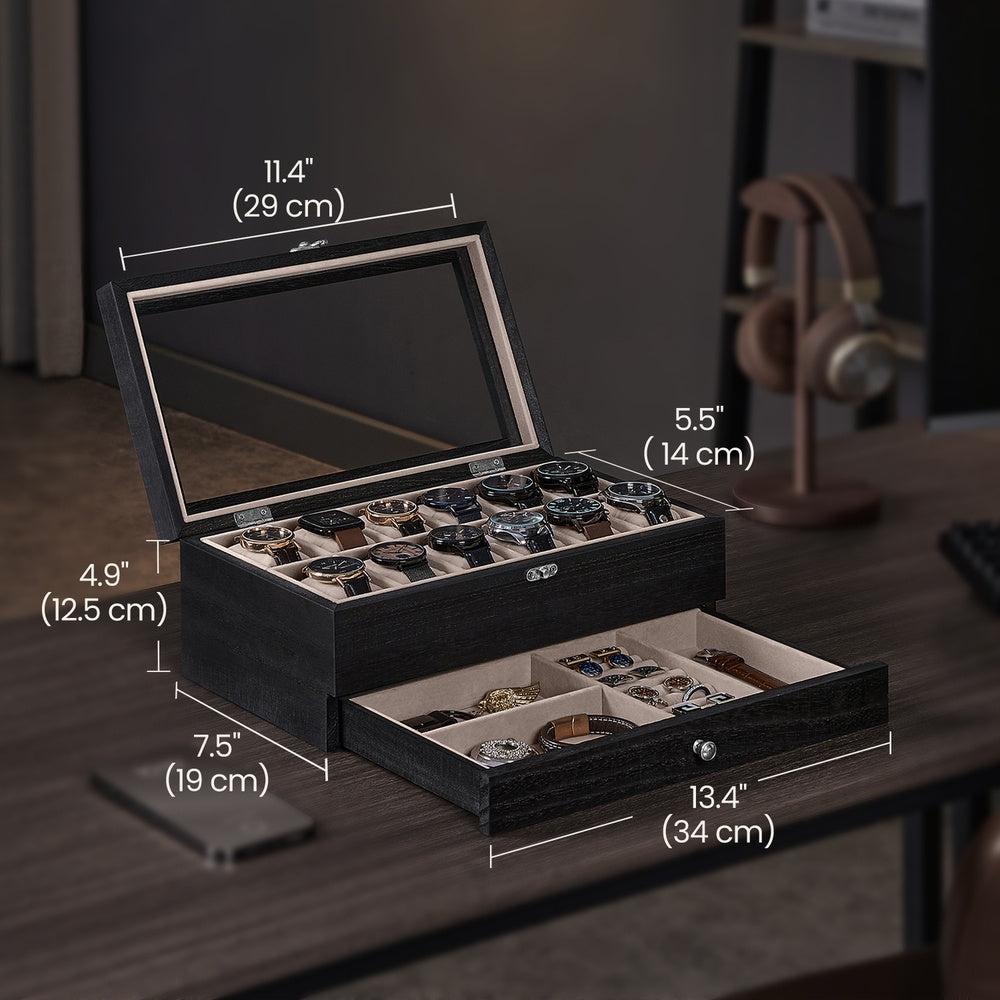 Scatola per Orologi, Porta Orologi in Legno, Scatola Portaorologi a 2 Livelli, 12 Posti, con Coperchio in Vetro, Cuscinetti per Orologi, Rivestimento in Velluto, scatola di conservazione a grande capacità per la casa, scelta ideale per i regali, scomparti