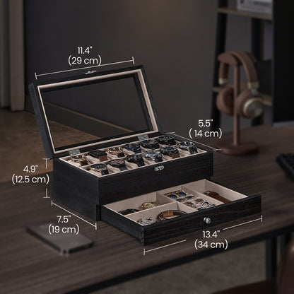 Scatola per Orologi, Porta Orologi in Legno, Scatola Portaorologi a 2 Livelli, 12 Posti, con Coperchio in Vetro, Cuscinetti per Orologi, Rivestimento in Velluto, scatola di conservazione a grande capacità per la casa, scelta ideale per i regali, scomparti