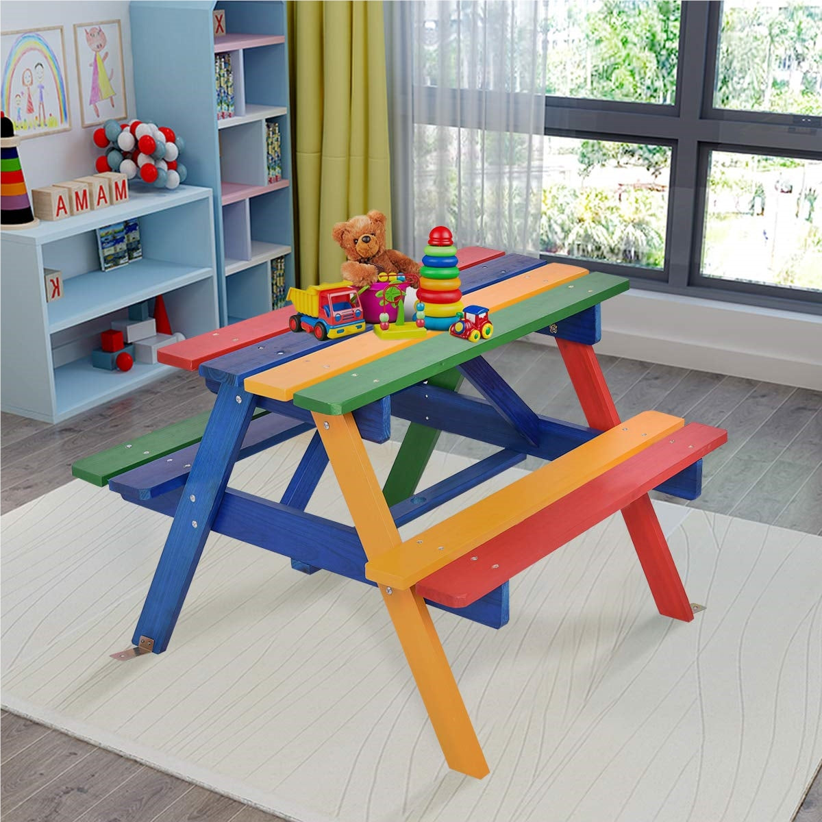 Set di Sedute per Bambini con Parasole, Mobili da Esterno in Legno Massello, Tavolo da Picnic per Bambini, Gruppo di Sedute da Giardino, Arredamento da Esterno per Giardino