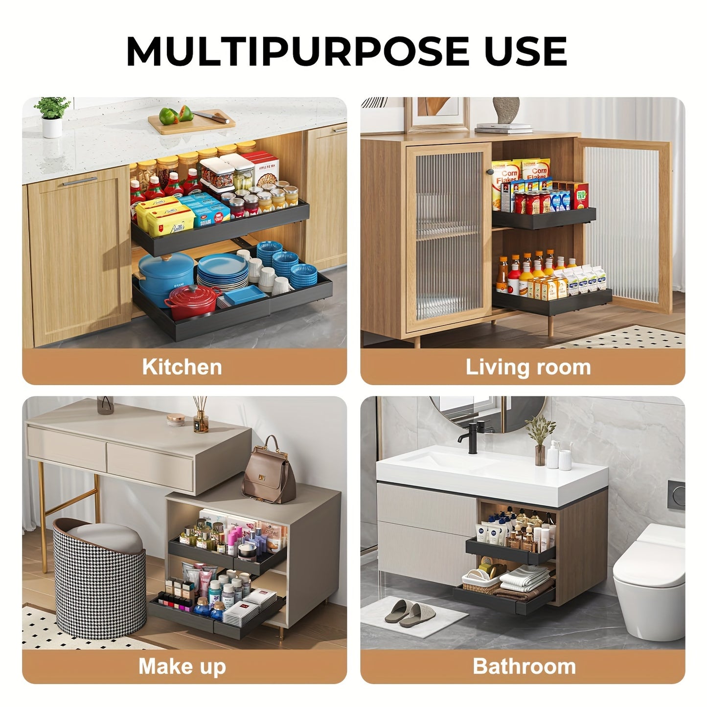 2 Pezzi Cassetti Estraibili Espandibili per Cucina, Set di 2 Scaffali Scorrevoli per Ripostiglio, Cestelli Estraibili per Lavello Senza Foratura, Ripiani Facilmente Accessibili, Adatti per Bagni e Lavanderie, Organizzatore per Cucina, Organizzatore per Ar