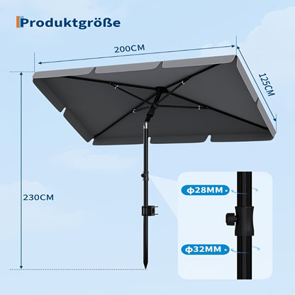 Ombrellone da esterno rettangolare 200X125Cm UPF 50+ Protezione UV - Altezza regolabile, inclinazione a 45 gradi con borsa per il trasporto e staffa per ringhiera balcone - Struttura antiruggine resistente alle intemperie per giardino terrazza balcone spi