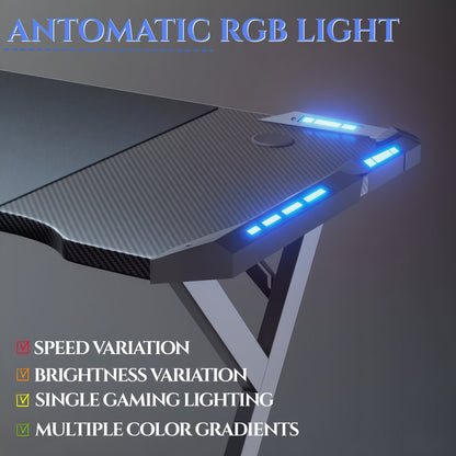 Scrivania da Gaming a Forma di Y con Luci LED RGB, Superficie in Fibra di Carbonio, Tavolo per Computer Ergonomico con Portabicchieri e Gancio per Cuffie, Postazione di Lavoro per Gamer, Ideale per Setup pz in Camera da Letto, Regalo di Natale, Compleanno