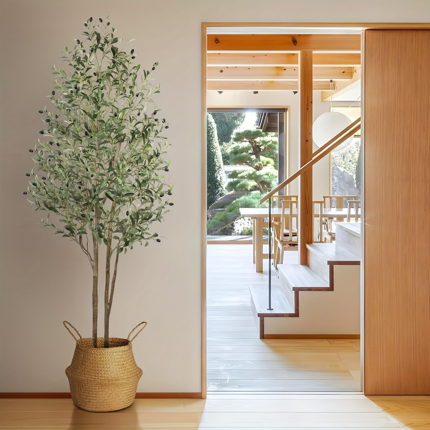 Albero di ulivo artificiale di 120/150/180/210 cm di altezza con frutti realistici e tronco in legno naturale, perfetto per l'arredamento moderno di casa, ufficio e soggiorno