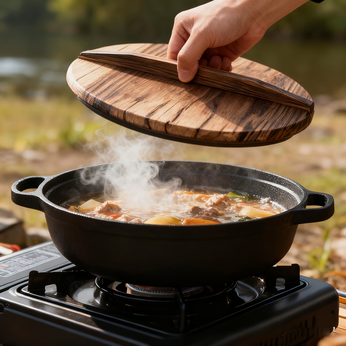 Pentola in ghisa a doppia bocca da 25CM con coperchio in legno, materiale in ghisa di alta qualità, conduzione uniforme del calore, supporta cottura a vapore, friggere, stufare e bollire, adatta per piani cottura a induzione, fornelli in ceramica e fiamme