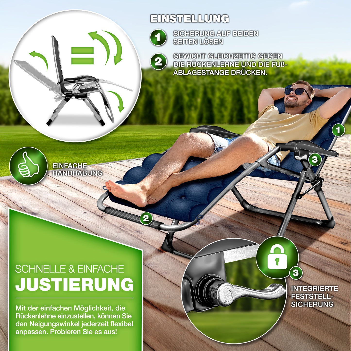Tillvex® Poltrona Reclinabile Pieghevole Fino a 200Kg Lettino Parasole da Esterno per Giardino con Cuscino Resistente alle Intemperie Balcone, Giardino & Terrazza Lounge Esterno Regolabile con Imbottitura Spessa Poltrona Reclinabile Pieghevole Extra Larga
