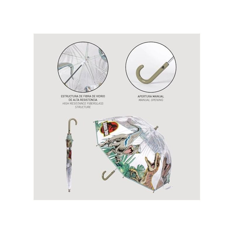 JURASSIC WORLD - Ombrello da Pioggia Trasparente e Multicolore unisex a campana per bambini DINOSAURI T-REX