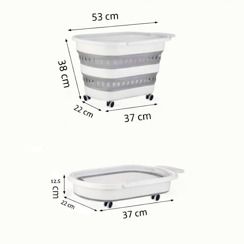 Cesto per il bucato retrattile e pieghevole con ruote - 45 litri - Bianco Grigio