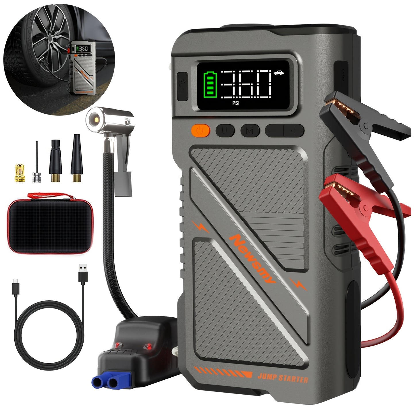 Avviatore di emergenza 9000A con compressore d'aria, scatola di avviamento di emergenza, (fino a tutti i motori a benzina e diesel da 9.0L) avviatore di emergenza per auto 12V, booster per batteria auto, power bank da 20000mAh con torcia a LED, schermo gr