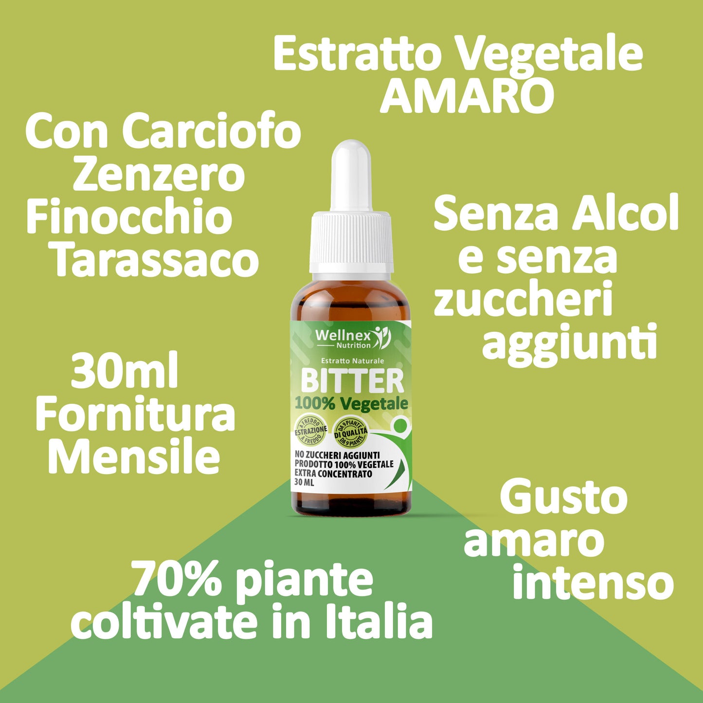 BITTER – 30ml, Estratto AMARO 100% Vegetale da 9 Piante, Senza Alcol, No Zuccheri Aggiunti, Estratto di Carciofo, Genziana, Cardamomo, Zenzero, Tè Verde, Dente di leone, Finocchio e Tarassaco | Wellnex Nutrition