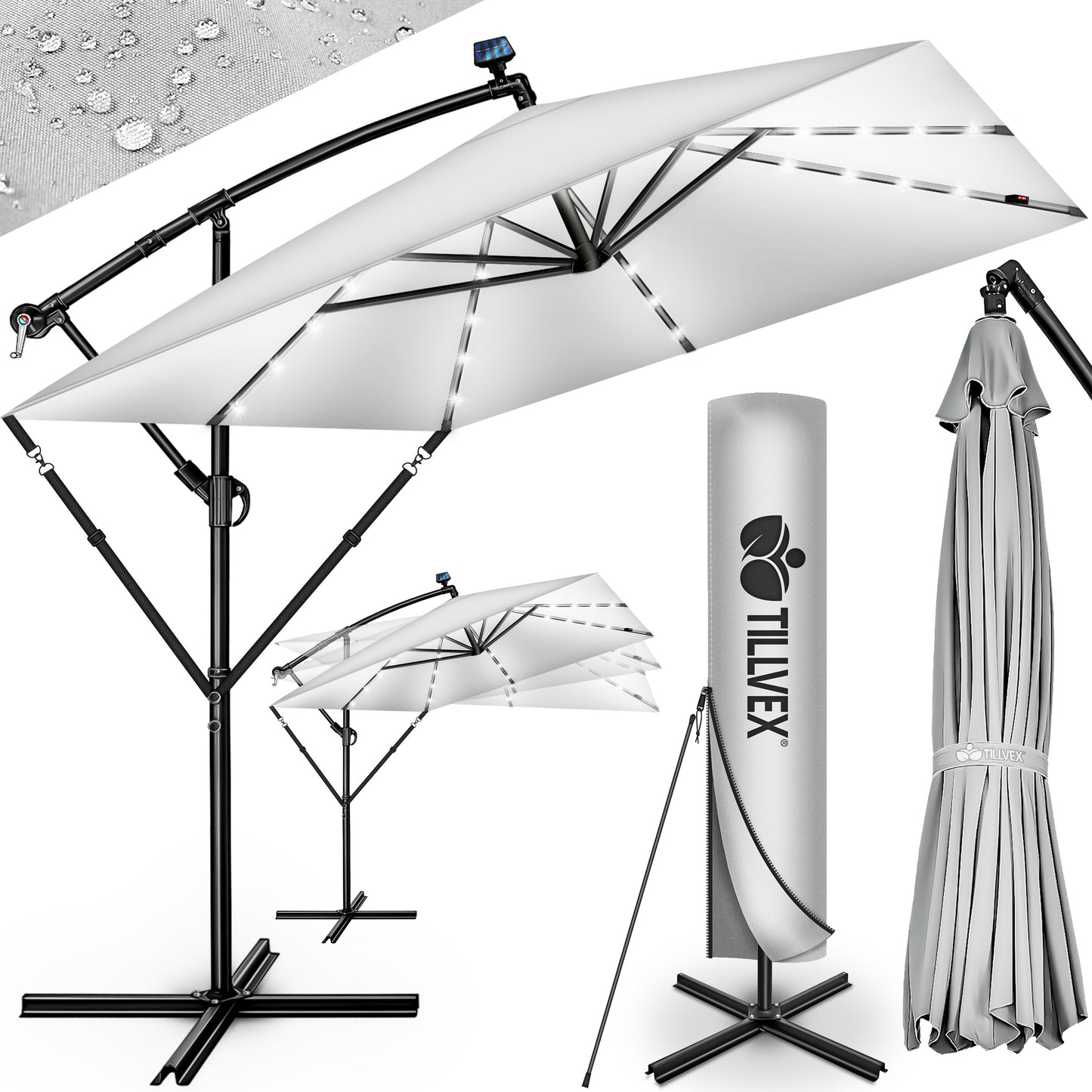 Tillvex® Tenda da Sole Rettangolare in Alluminio con LED Solare Ø 330 Cm + Copertura con Manovella | Ombrello Angolare con Luce Stradale, Supporto e Parabrezza | Grande Ombrello da Giardino in Alluminio con Protezione UV | Ombrello con Manovella, Ombrello