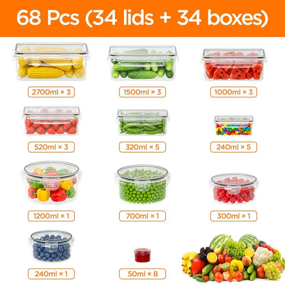 Set da 68/60/56/44/24 pezzi per conservazione alimentare sigillata - Contenitori di plastica ermetici e a prova di perdite con coperchi, organizzatori impilabili per frigo e contenitori per frigo, dispensa e avanzi, adatti a microonde/congelatore/lavastov