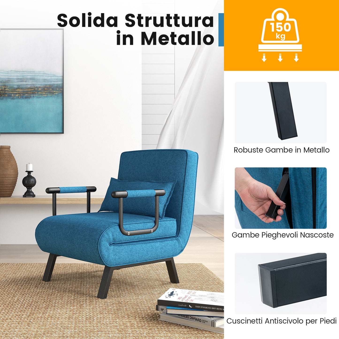 4 in 1 Poltrona Letto Singolo, Poltroncina Pieghevole con Schienale Regolabile in 6 Posizioni, Sedile Imbottito Robusto, Divano Letto per Casa Ufficio, 79x65x79 cm
