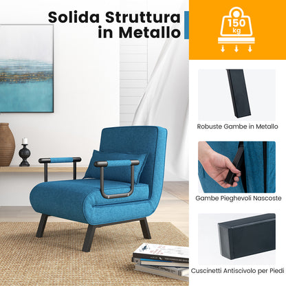 4 in 1 Poltrona Letto Singolo, Poltroncina Pieghevole con Schienale Regolabile in 6 Posizioni, Sedile Imbottito Robusto, Divano Letto per Casa Ufficio, 79x65x79 cm