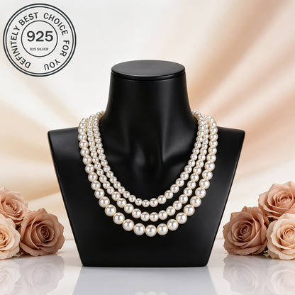 Collana in argento 925, una collana alla moda ipoallergenica a tre strati con perle d'acqua per donne, ideale come regalo per feste femminili, compleanni, banchetti, incontri, regalo per madri, anziani, insegnanti, confezionata in scatola regalo