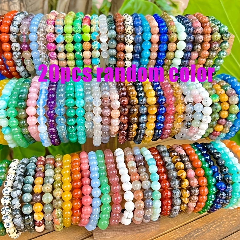 Braccialetti da 20 pezzi in pietra naturale, braccialetti con perline in pietra artificiale di colore casuale per uomo e donna, braccialetti elastici con perline rotonde da 8mm, braccialetti naturali, regalo di compleanno, braccialetti da donna, bracciale