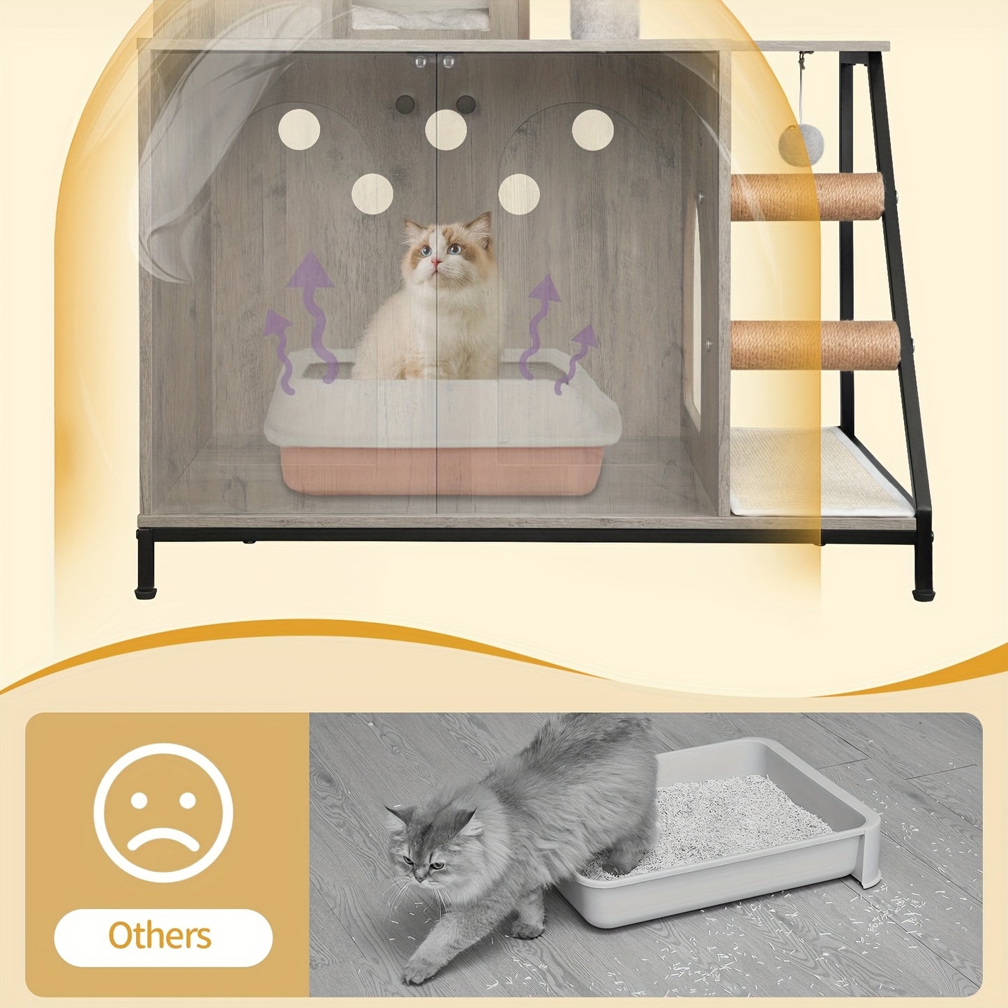 Albero per gatti con mobiletto per lettiera, mobiletto per gatti, casetta moderna 4-in-1 con ampia piattaforma, casetta per gatti con tappetino grattigio in sisal, pali, scale e pompon, cuscini lavabili, grigio-ghiaccio