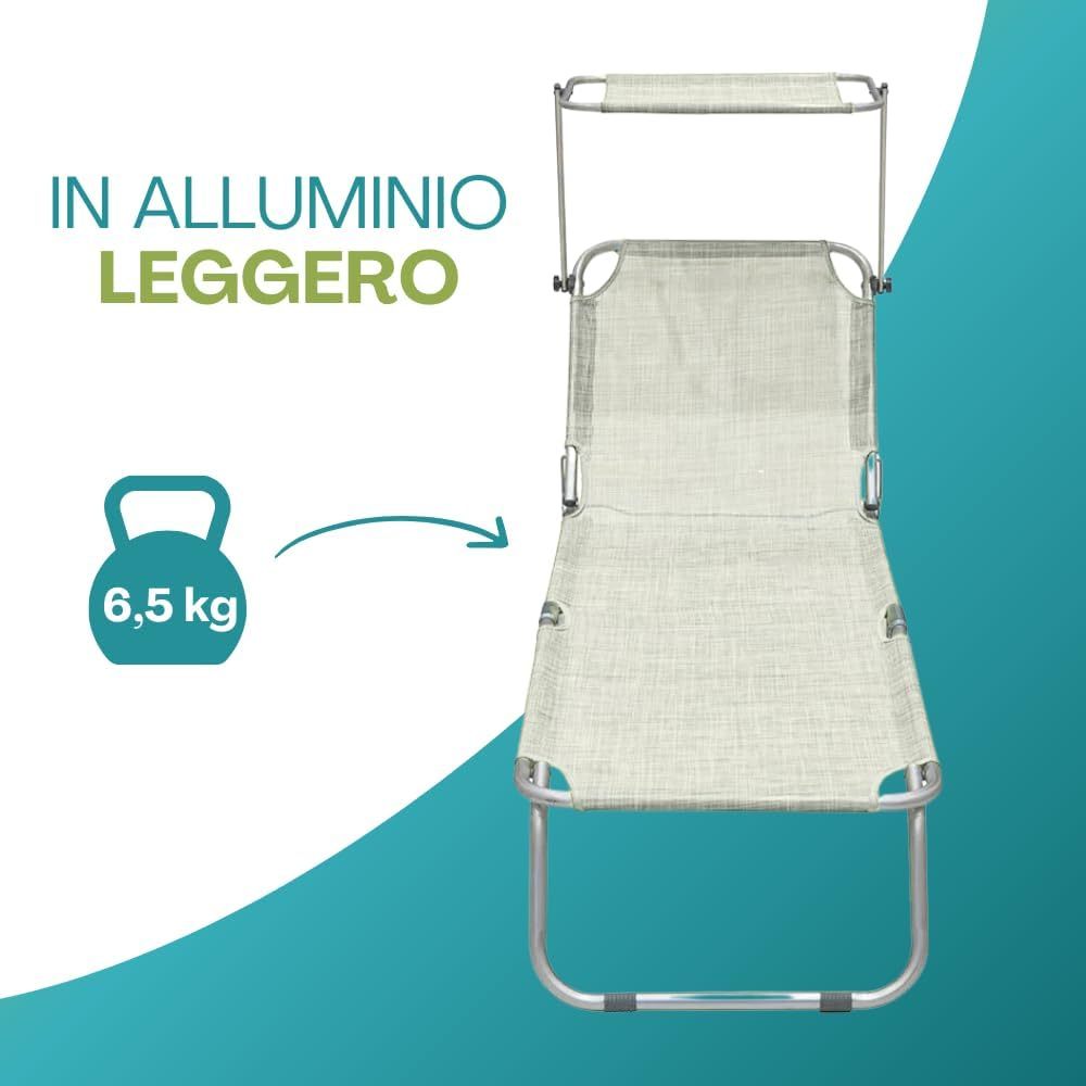 2 Lettini Prendisole Pieghevoli con Tetto Parasole, Misura 180x55x90 cm, Tessuto Textilene, Struttura Metallo Tubolare da 18mm, per Spiaggia, Piscina, Giardino, Peso Max 120kg
