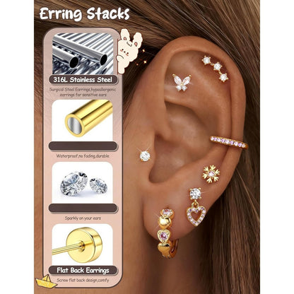 2D Flat - 14 Paia di Orecchini a Turchese Ipoallergenici per Donna | Acciaio Inossidabile Chirurgico, Placcato Oro 14K, Zirconia Sintetica, Stile Elegante e Facile - Set di Orecchini a Turchese con Base Piatta, Piccoli Cerchi