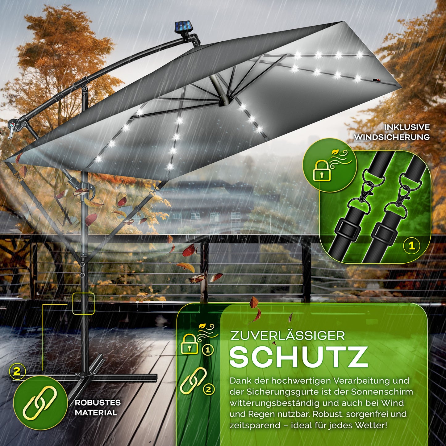 Tillvex® Tenda da Sole Rettangolare in Alluminio con LED Solare Ø 330 Cm + Copertura con Manovella | Ombrello Angolare con Luce Stradale, Supporto e Parabrezza | Grande Ombrello da Giardino in Alluminio con Protezione UV | Ombrello con Manovella, Ombrello