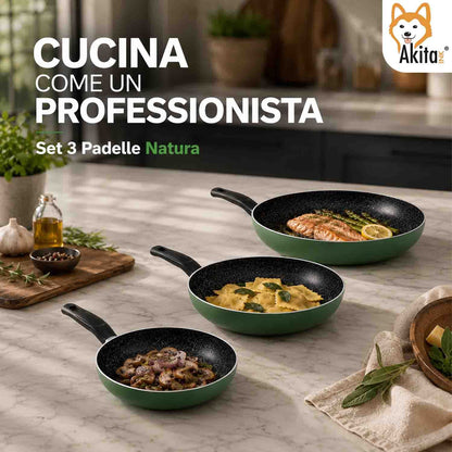 Akitaink Set 3 Padelle Antiaderenti Natura 20-24-28 cm Verde, Padelle in Alluminio con Rivestimento Antiaderente, Cottura Uniforme e Facile Pulizia