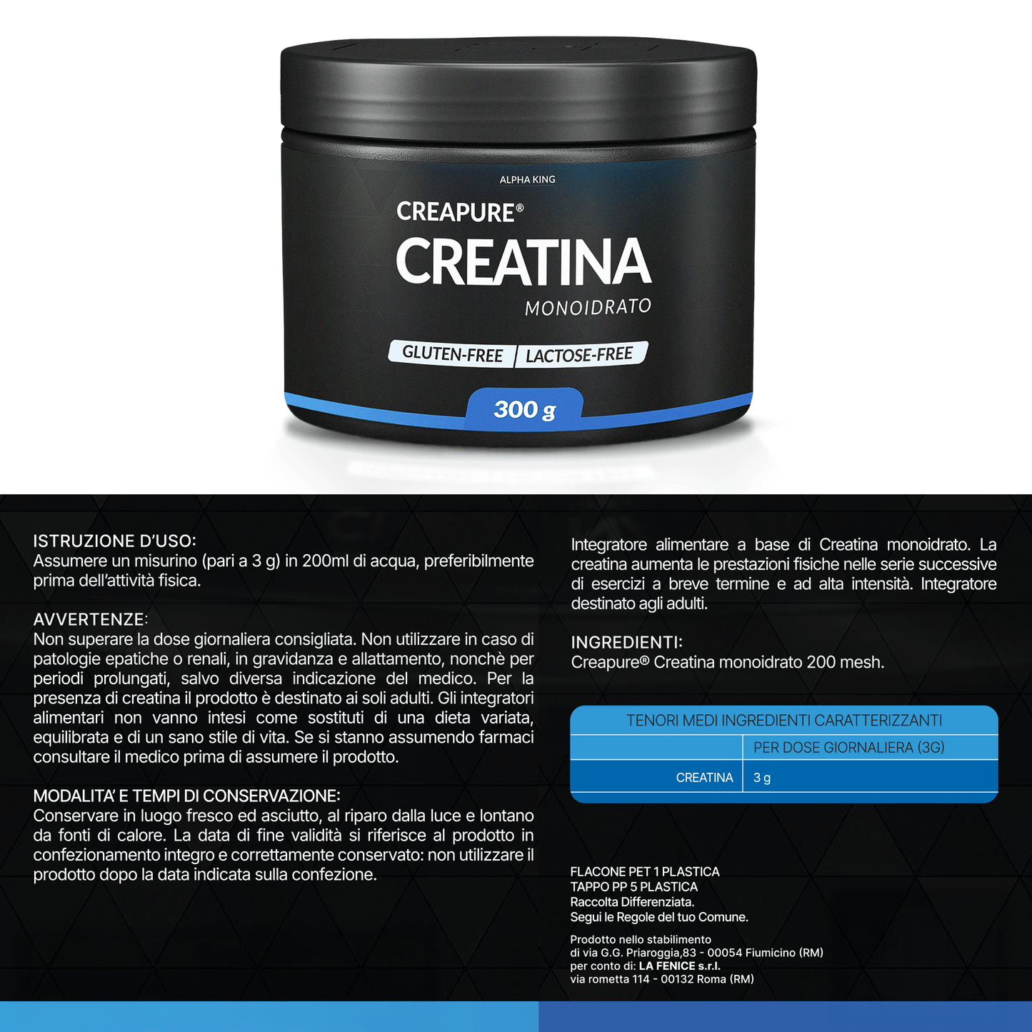 Alphaking Creatina Monoidrato 200 Mesh | Maxi Dosaggio: 3g per Dose | Qualità Premium | Supporto per Forza, Massa Muscolare e Performance | Massima Solubilità e Assorbimento
