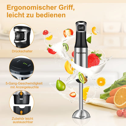 Frullatore a immersione portatile 6 in 1 - Frullatore a immersione in acciaio inossidabile con 5 velocità, tritatutto, frusta e montalatte per carne, purè di patate e pappe