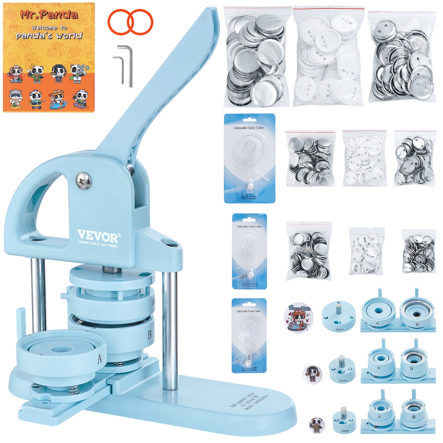 VEVOR Macchina per Bottoni, 1/1.25/2.28 pollici (25/32/58mm) 3-IN-1 Pin Maker, 300 Pezzi di Ricambio per Bottoni, Macchina per Bottoni con Libro Magico del Panda, Kit di Pressa a Punzone con Manico Arco Ergonomico, Per Regali Fai da Te per Bambini