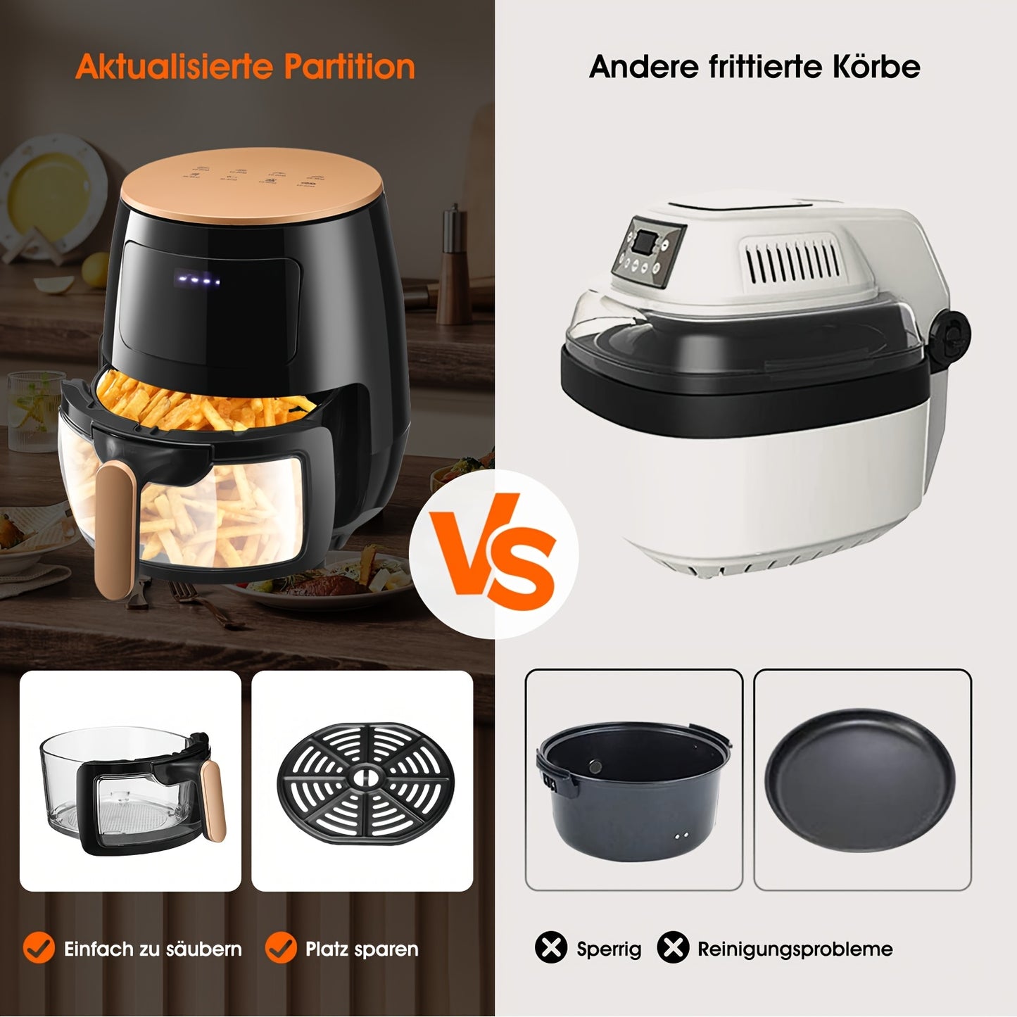 Friggitrice ad aria 6L con finestra trasparente, nuova grande capacità, touch screen, multifunzione, mini forno, controlli touch con 6 preimpostazioni, cestello antiaderente e lavabile in lavastoviglie, - Nero, pollo, patatine, arrosticini, arrosti, disid