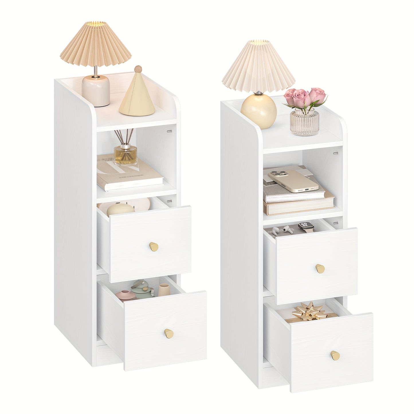 Set di 2 comodini, comodino stretto con 2 cassetti, scomparto aperto sul comodino, posizioni dei cassetti regolabili, adatto per camera da letto, soggiorno, 30 x 24 x 65 cm, bianco, NS62213X