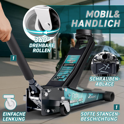 Cric idraulico per auto TRESKO® 2.5 - 3T | Cric idraulico per spostamento auto e SUV con ruote piane e a 360°, include 2 guarnizioni in gomma, tappetino protettivo, guanti