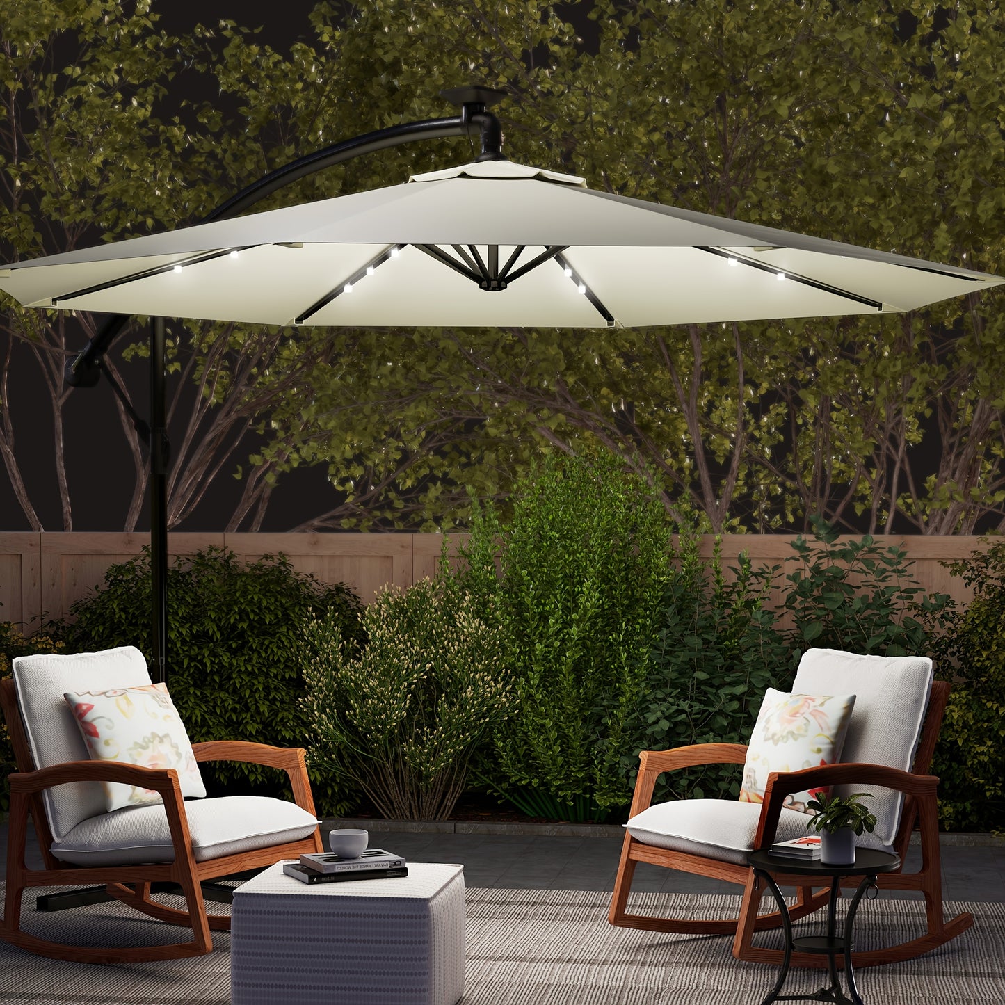 Parasole da balcone 300/350cm, parasole a sbalzo LED con manovella, parasole da giardino in alluminio con supporto, protezione solare, protezione UV, terrazza, giardino, spiaggia