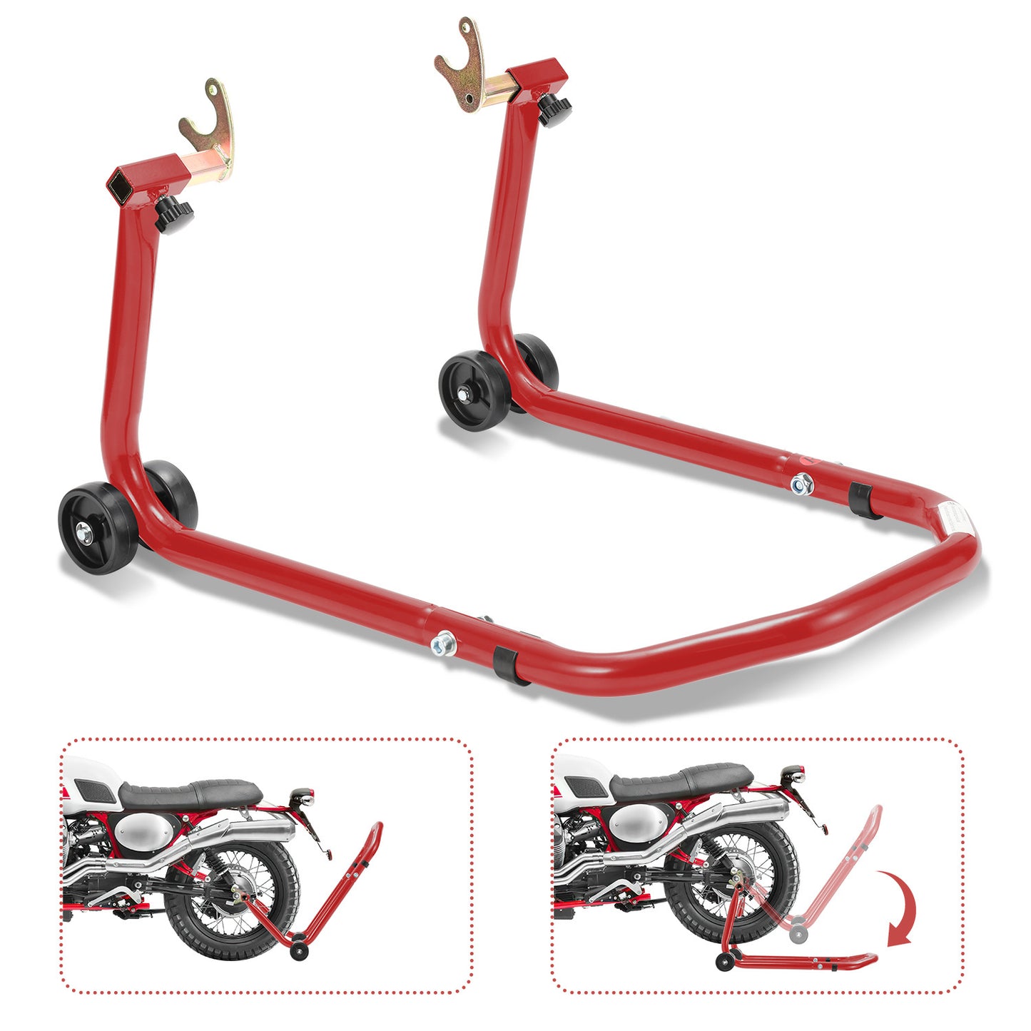 Cavalletto per moto anteriore/trasversale, cavalletto di assemblaggio per moto fino a 300 kg, sollevatore per moto, cavalletto a bilanciere per moto con doppia ruota, cavalletto per moto ad alta stabilità (Nero/Rosso)