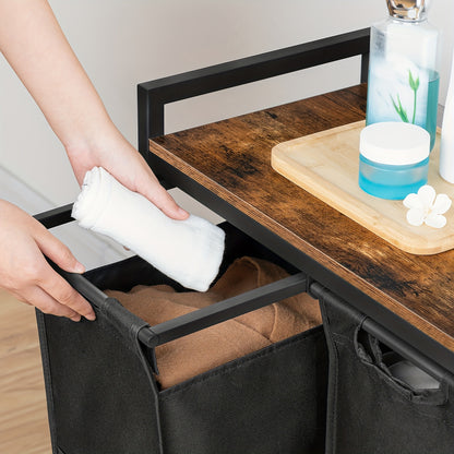 Cesto per la biancheria 3 scomparti, raccoglitore per la biancheria con ripiano, scatola per la biancheria, carrello per la biancheria, 3 X 39.8 L, sacco per la biancheria realizzato in tessuto Oxford, 84 X 33 X 74.5 Cm, marrone-nero vintage, cesti per la