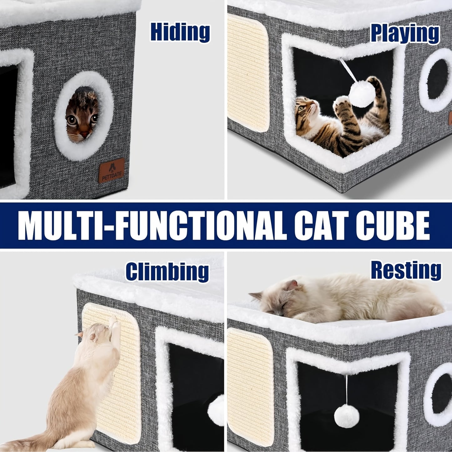 Cuccia per gatti con letti a 2 livelli, tunnel giocattolo, divano pieghevole, tiragraffi e palla sospesa in peluche - Struttura resistente in nylon, tela morbida, design chiuso per tutte le stagioni, facile da montare, cuccia a cubo per interni, unità di
