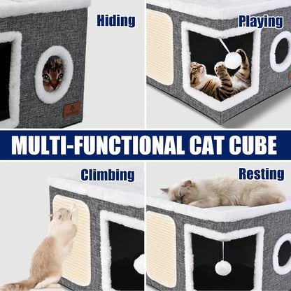 Cuccia per gatti con letti a 2 livelli, tunnel giocattolo, divano pieghevole, tiragraffi e palla sospesa in peluche - Struttura resistente in nylon, tela morbida, design chiuso per tutte le stagioni, facile da montare, cuccia a cubo per interni, unità di