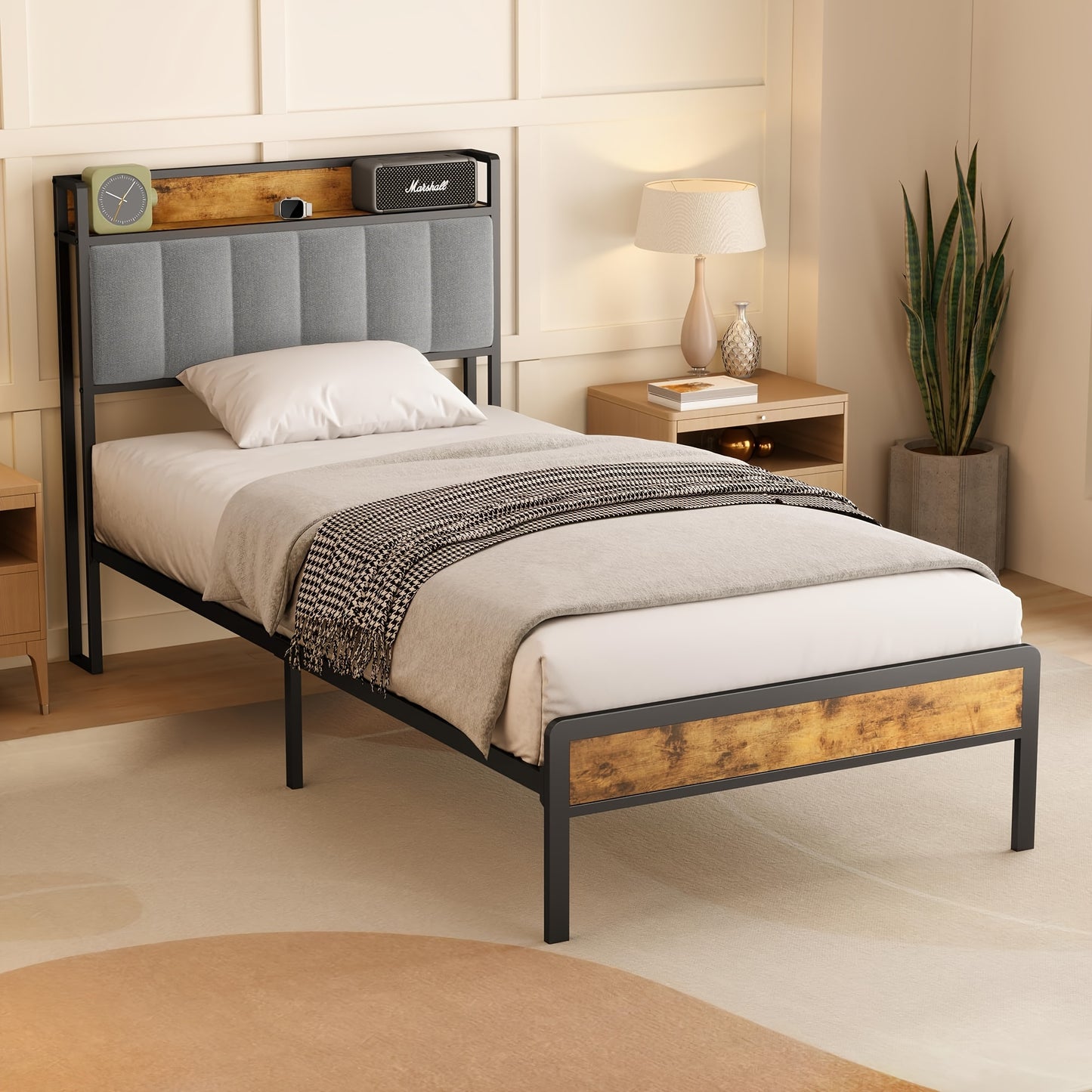 Letto matrimoniale elegante in legno imbottito con struttura in metallo, con rete a doghe in legno e testiera di supporto - Perfetto per qualsiasi camera da letto (Grigio scuro, Grigio)