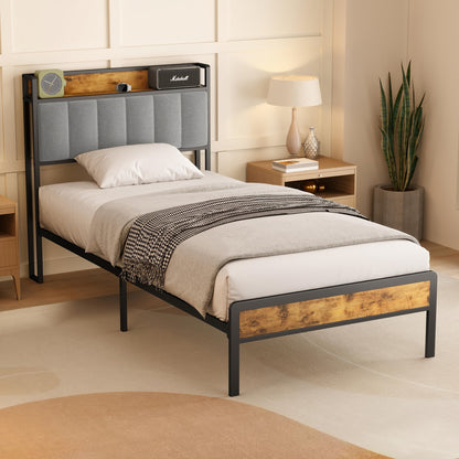 Letto matrimoniale elegante in legno imbottito con struttura in metallo, con rete a doghe in legno e testiera di supporto - Perfetto per qualsiasi camera da letto (Grigio scuro, Grigio)