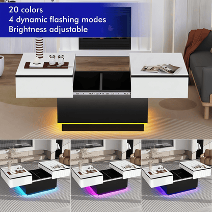 Tavolino da caffè bianco, Tavolino da salotto, Tavolino con 2 ripiani portaoggetti, 80x58x40 cm, Piano estendibile con striscia luminosa RGB, Mobile moderno per soggiorno, Sala riunioni