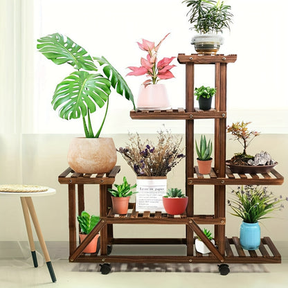 Scaffale per fiori a 6 ripiani di grandi dimensioni con ruote, espositore per vasi da giardino in legno di pino per patio, verande, balconi, interni, esterni, scaffale da terra, scaffale da terra