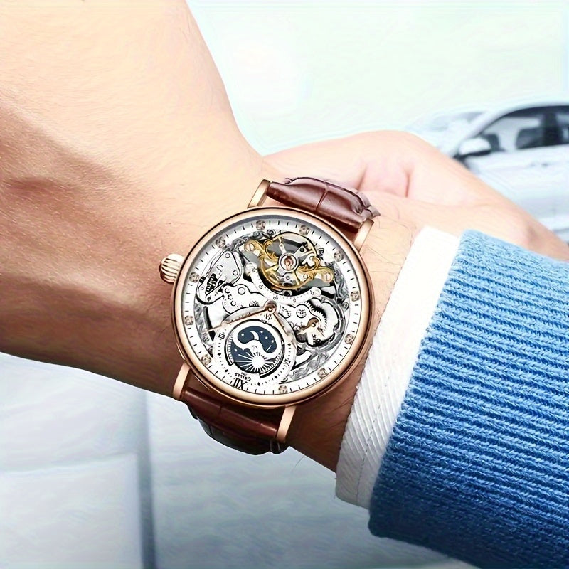 [[KINYUED] Orologio da uomo a doppia faccia con design traforato e due indicatori dell'ora, un orologio alla moda e un'idea regalo perfetta, senza batteria