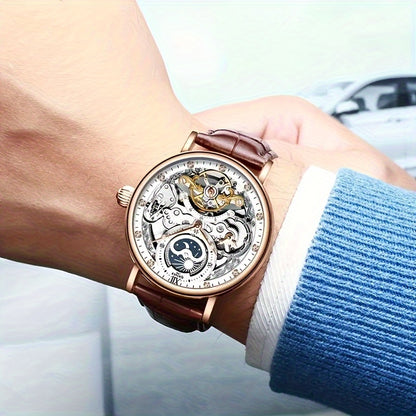 [[KINYUED] Orologio da uomo a doppia faccia con design traforato e due indicatori dell'ora, un orologio alla moda e un'idea regalo perfetta, senza batteria