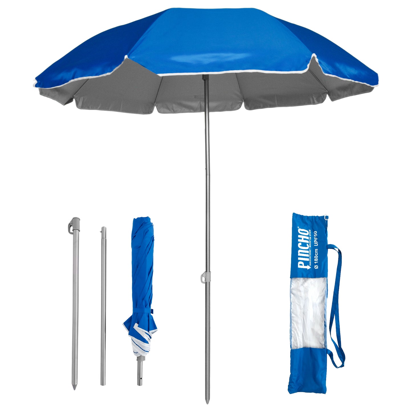 Ombrello da Spiaggia Pieghevole da 180CM, UV50+ Leggero 1,5kg, Ideale per Moto, Bici e Campeggio, Asta in Acciaio Resistente al Vento con Borsa da Trasporto