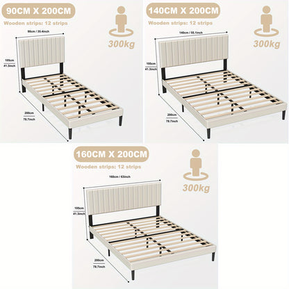 Letto con Bottoni, Letto Imbottito - Struttura a Piattaforma con Testiera in Velluto Imbottito, Supporto a Doghe in Legno, Letto Matrimoniale per Adulti, Design Moderno, Beige, 90/140/160 x 200 cm