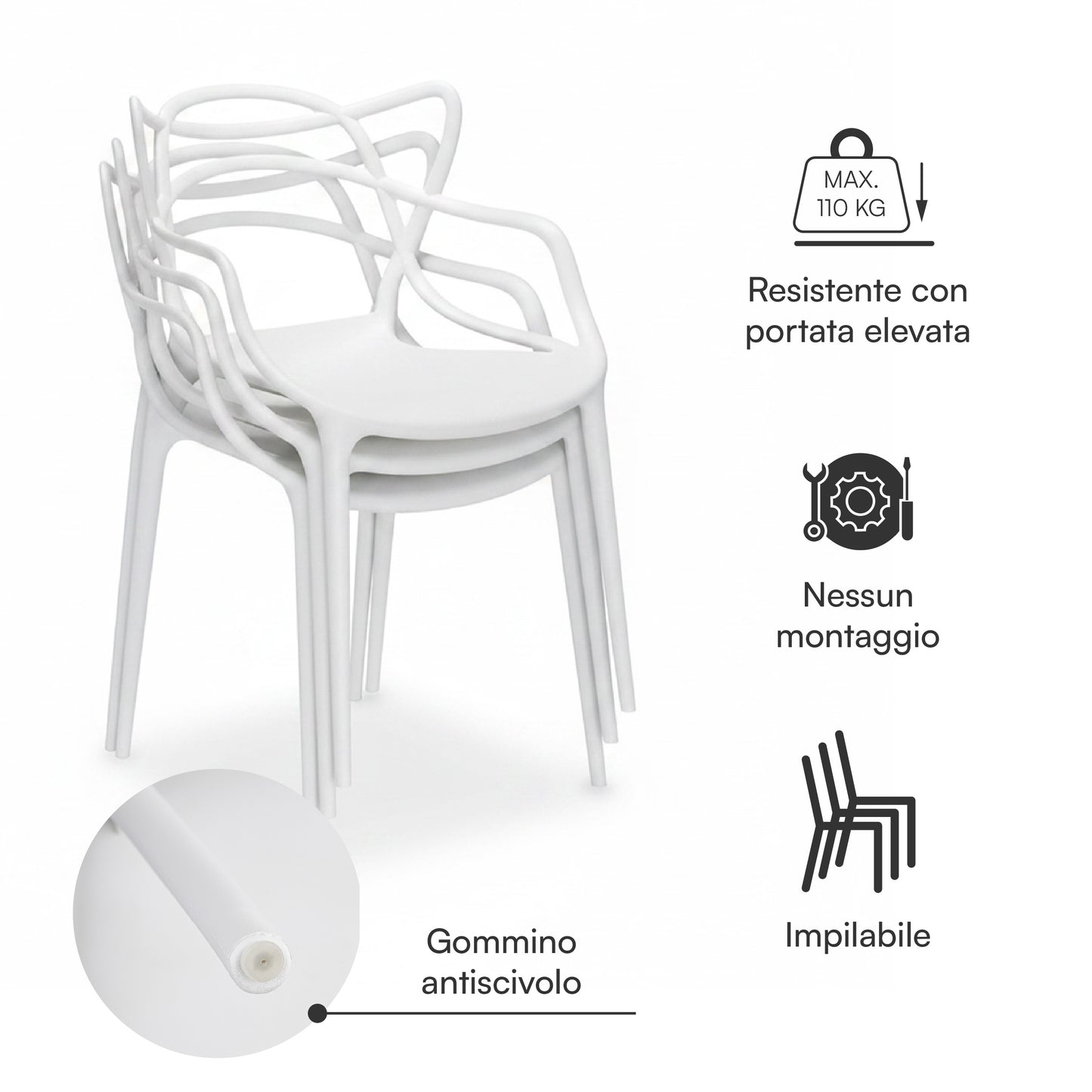 Baroni Home Set 4 Sedie in Plastica Bianca – Sedie Impilabili, Pronte all’Uso Senza Montaggio, Facili da Pulire, con Piedini Antiscivolo per Maggiore Stabilità – Ideali per Cucina, Soggiorno, Sala da Pranzo, Giardino, Terrazzo o Balcone – Sedute Comode e
