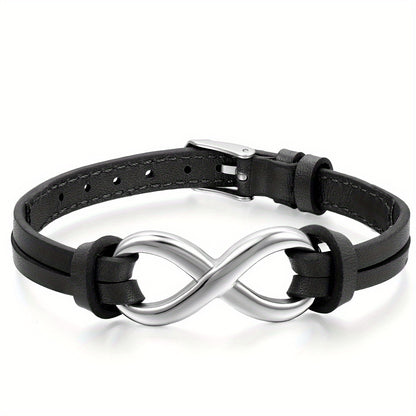 Bracciale JewelryWe in pelle sintetica con ciondolo infinito 'amore in acciaio inossidabile per uomo e donna, vestibilità regolabile 17.78-21.08 cm
